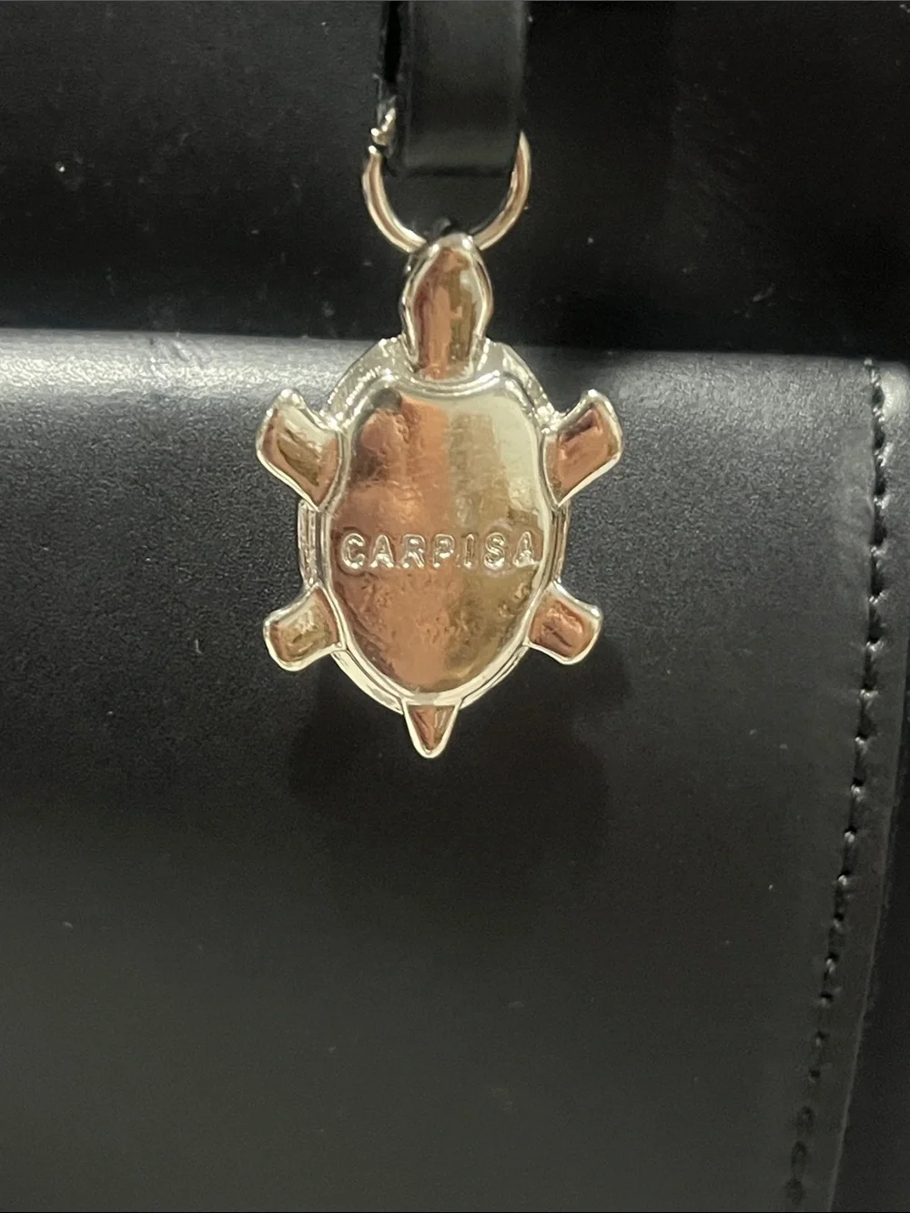 Carpisa Vera Pelle Black Genuine Leather Tote Bag Made in Italy Turtle Charm